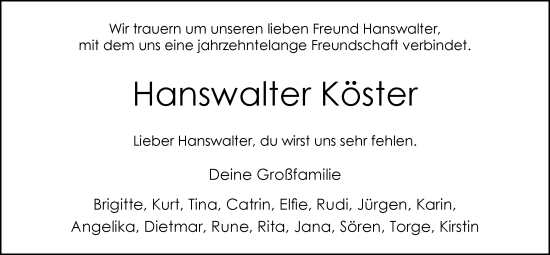 Traueranzeige von Hanswalter Köster von Nordwest-Zeitung