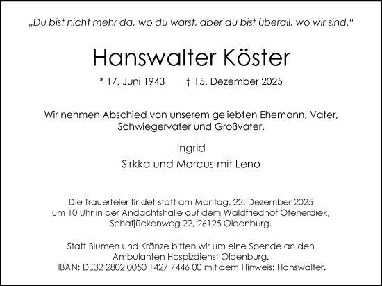 Traueranzeige von Hanswalter Köster von Nordwest-Zeitung