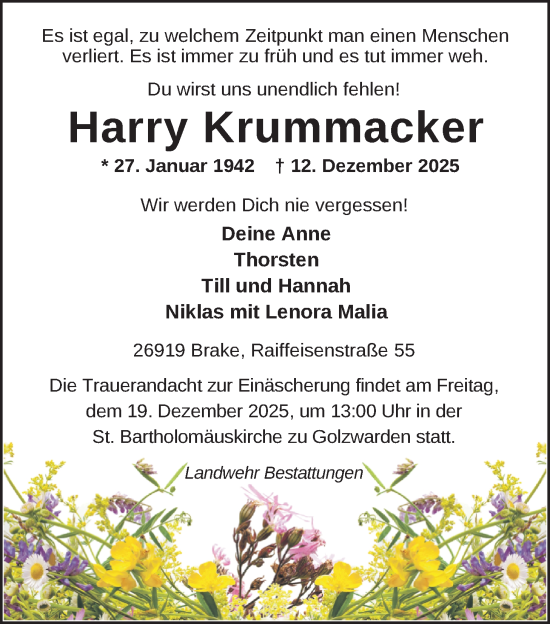 Traueranzeige von Harry Krummacker von Nordwest-Zeitung