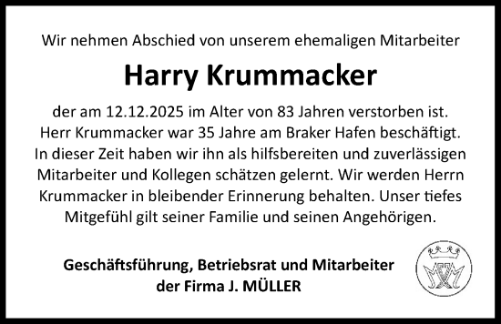 Traueranzeige von Harry Krummacker von Nordwest-Zeitung
