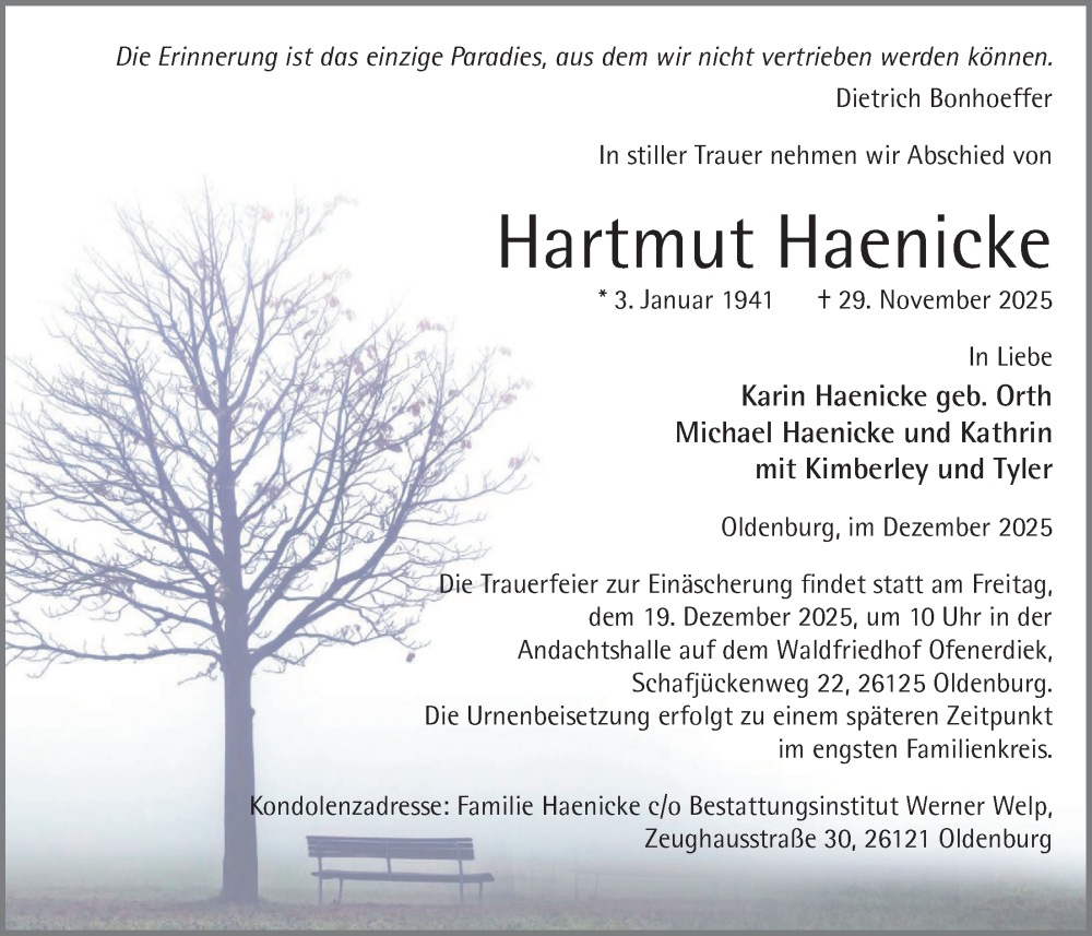  Traueranzeige für Hartmut Haenicke vom 13.12.2025 aus Nordwest-Zeitung