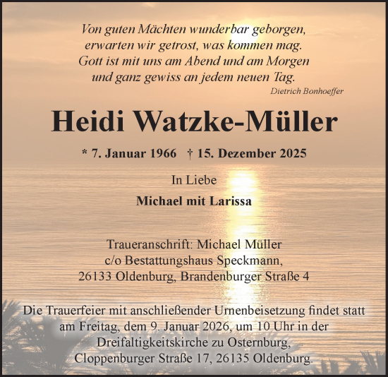 Traueranzeige von Heidi Watzke-Müller von Nordwest-Zeitung