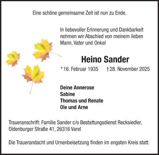 Traueranzeige von Heino Sander von Nordwest-Zeitung
