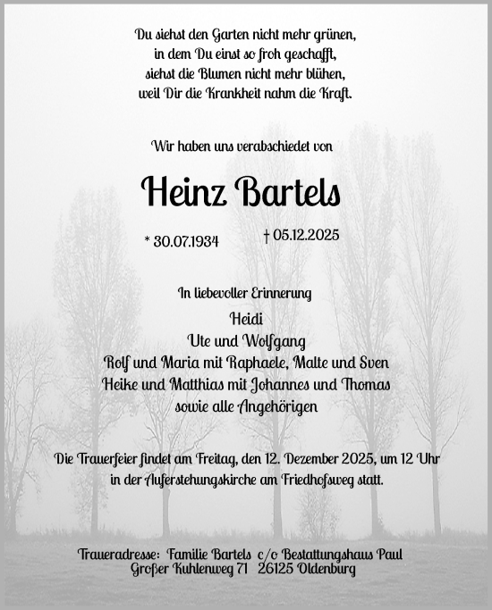 Traueranzeige von Heinz Bartels von Nordwest-Zeitung