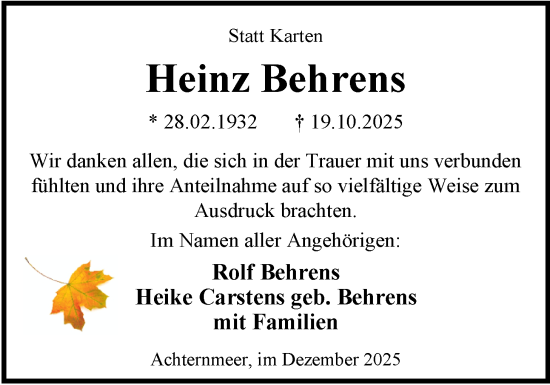 Traueranzeige von Heinz Behrens von Nordwest-Zeitung