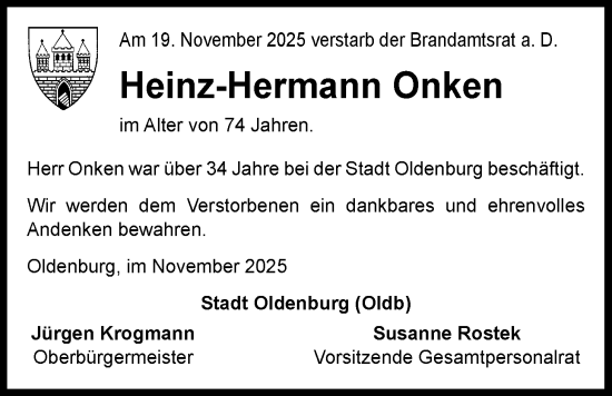 Traueranzeige von Heinz-Hermann Onken von Nordwest-Zeitung