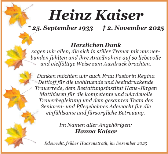 Traueranzeige von Heinz Kaiser von Nordwest-Zeitung