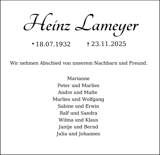Traueranzeige von Heinz Lameyer von Nordwest-Zeitung