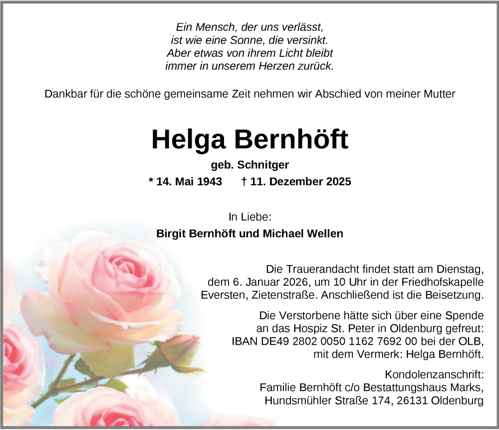  Traueranzeige für Helga Bernhöft vom 20.12.2025 aus Nordwest-Zeitung