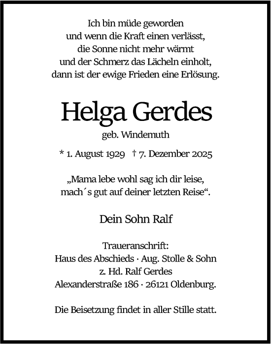 Traueranzeige von Helga Gerdes von Nordwest-Zeitung