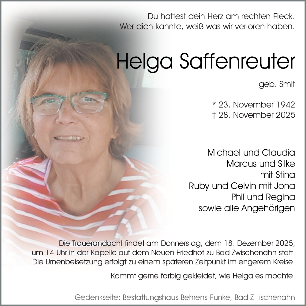  Traueranzeige für Helga Saffenreuter vom 13.12.2025 aus Nordwest-Zeitung