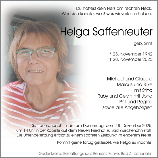 Traueranzeige von Helga Saffenreuter von Nordwest-Zeitung