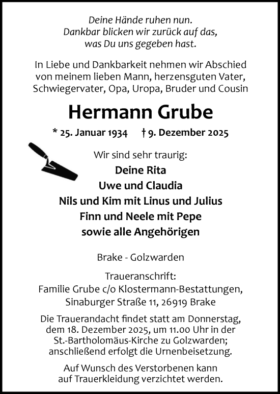 Traueranzeige von Hermann Grube von Nordwest-Zeitung
