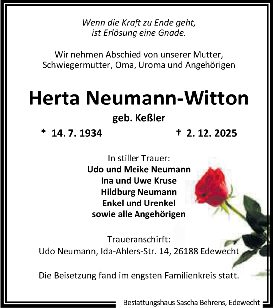 Traueranzeige von Herta Neumann-Witton von Nordwest-Zeitung