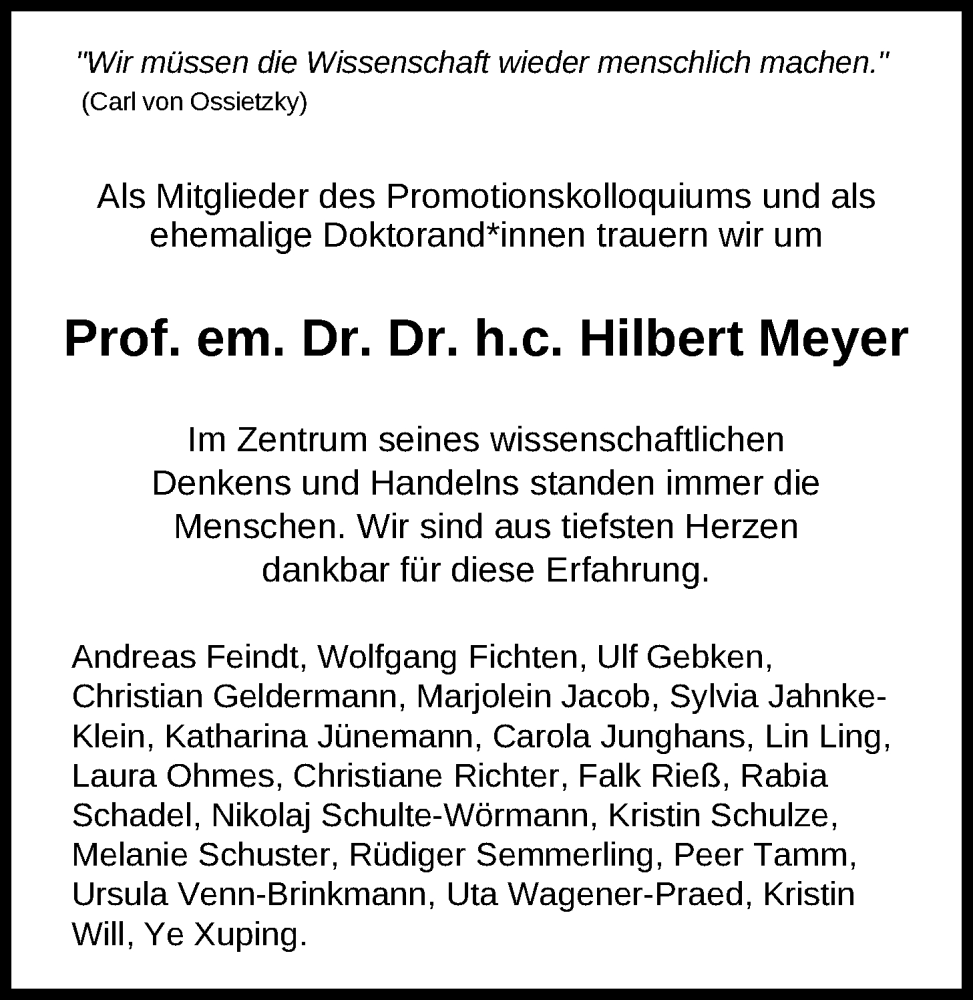  Traueranzeige für Hilbert Meyer vom 24.12.2025 aus Nordwest-Zeitung