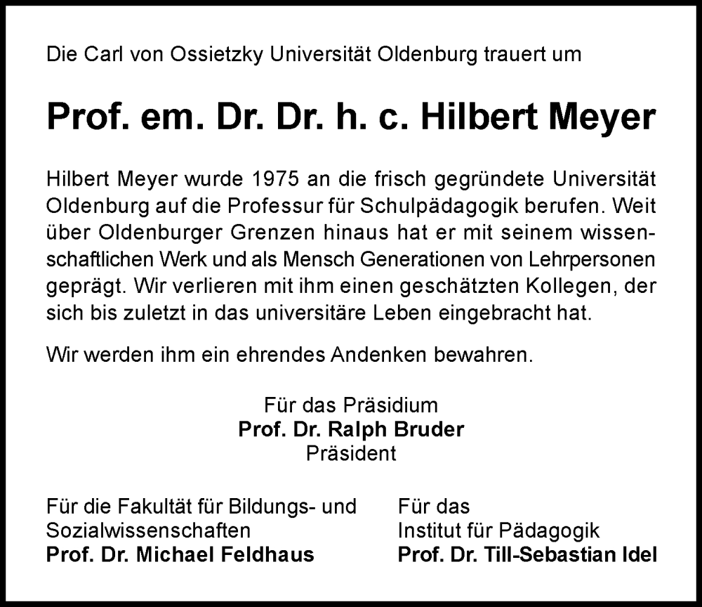  Traueranzeige für Hilbert Meyer vom 24.12.2025 aus Nordwest-Zeitung