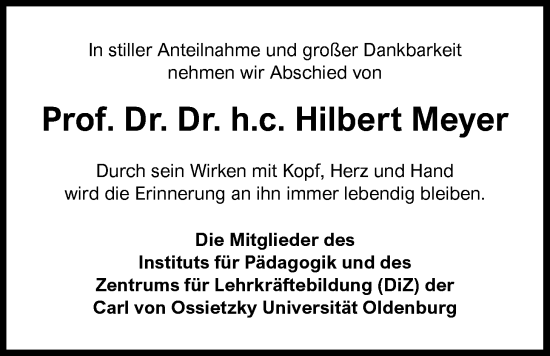 Traueranzeige von Hilbert Meyer von Nordwest-Zeitung