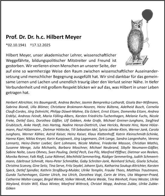 Traueranzeige von Hilbert Meyer von Nordwest-Zeitung