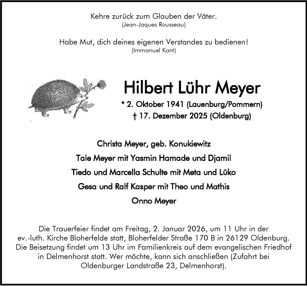  Traueranzeige für Hilbert Lühr Meyer vom 24.12.2025 aus Nordwest-Zeitung