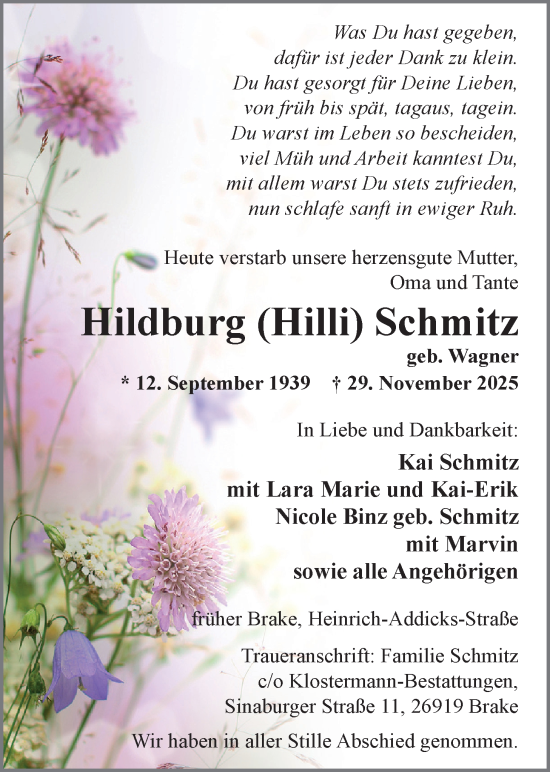 Traueranzeige von Hildburg Schmitz von Nordwest-Zeitung