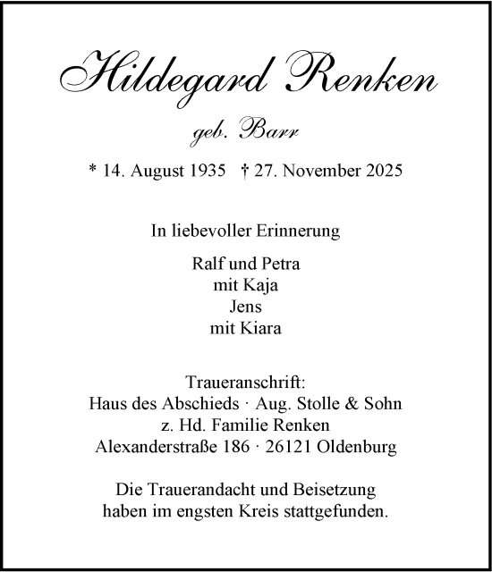 Traueranzeige von Hildegard Renken von Nordwest-Zeitung