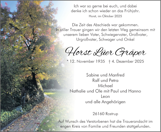 Traueranzeige von Horst Lüer-Gräper von Nordwest-Zeitung