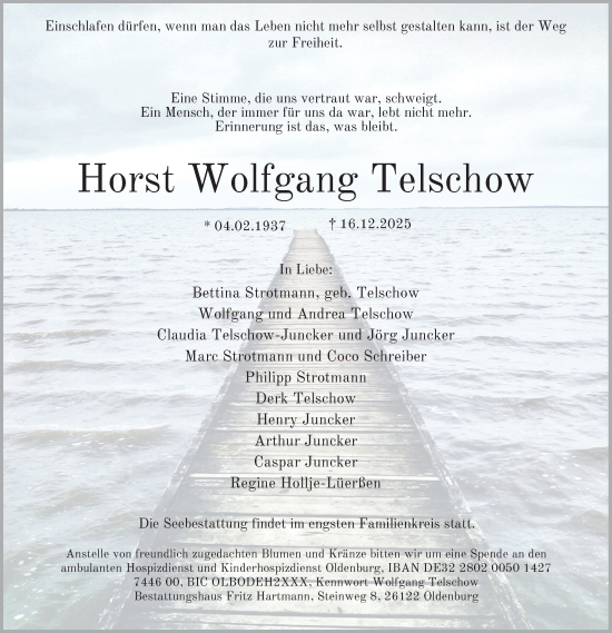 Traueranzeige von Horst Wolfgang Telschow von Nordwest-Zeitung