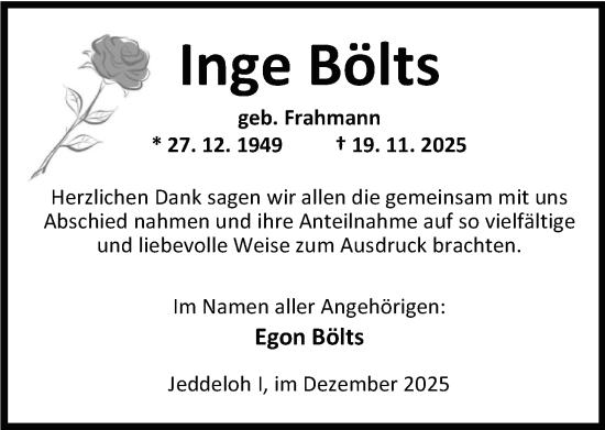 Traueranzeige von Inge Bölts von Nordwest-Zeitung