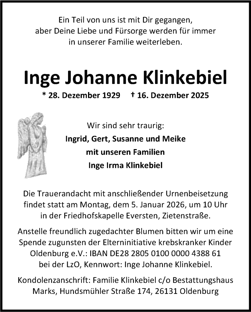  Traueranzeige für Inge Johanne Klinkebiel vom 20.12.2025 aus Nordwest-Zeitung