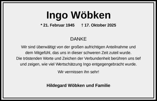 Traueranzeige von Ingo Wöbken von Nordwest-Zeitung