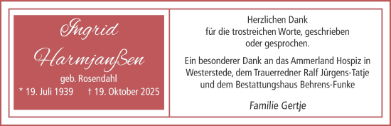 Traueranzeige von Ingrid Harmjanßen von Nordwest-Zeitung