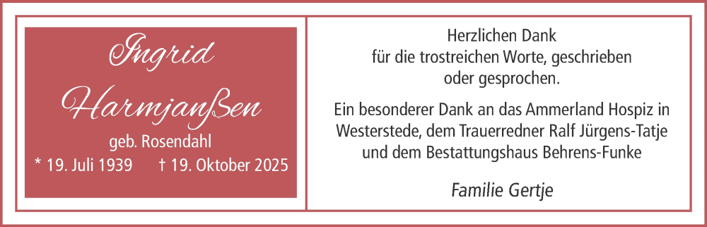  Traueranzeige für Ingrid Harmjanßen vom 20.12.2025 aus Nordwest-Zeitung