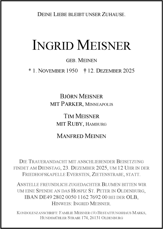 Traueranzeige von Ingrid Meisner von Nordwest-Zeitung