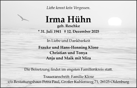 Traueranzeige von Irma Hühn von Nordwest-Zeitung