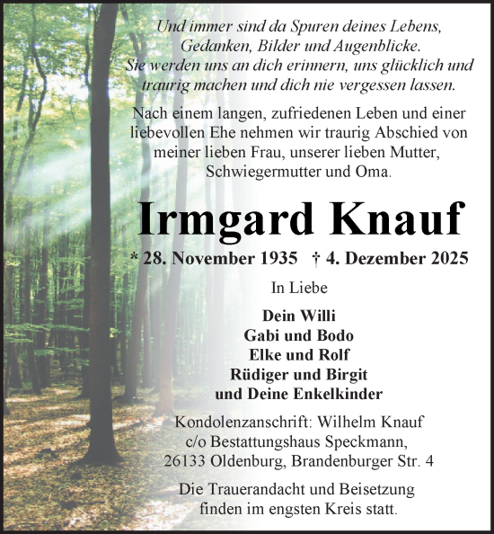 Traueranzeige von Irmgard Knauf von Nordwest-Zeitung