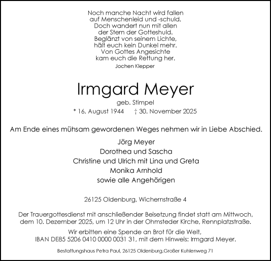 Traueranzeige von Irmgard Meyer von Nordwest-Zeitung