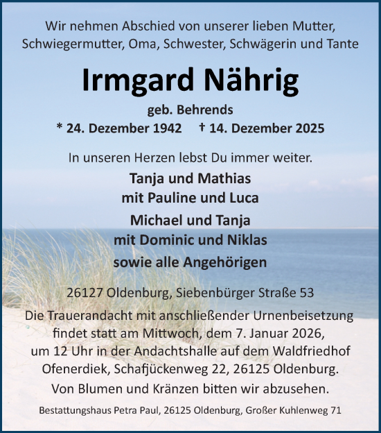 Traueranzeige von Irmgard Nährig von Nordwest-Zeitung
