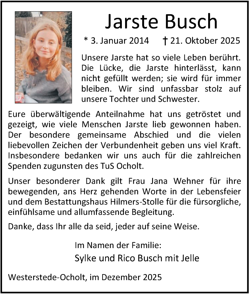  Traueranzeige für Jarste Busch vom 06.12.2025 aus Nordwest-Zeitung