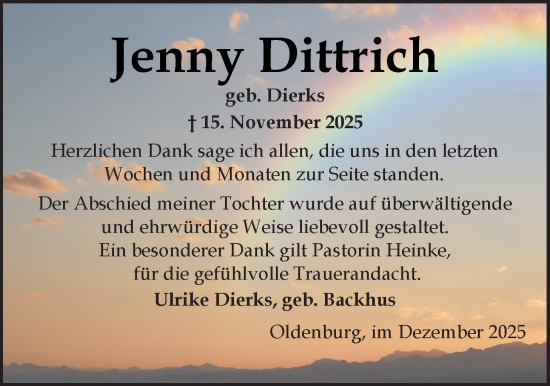 Traueranzeige von Jenny Dittrich von Nordwest-Zeitung