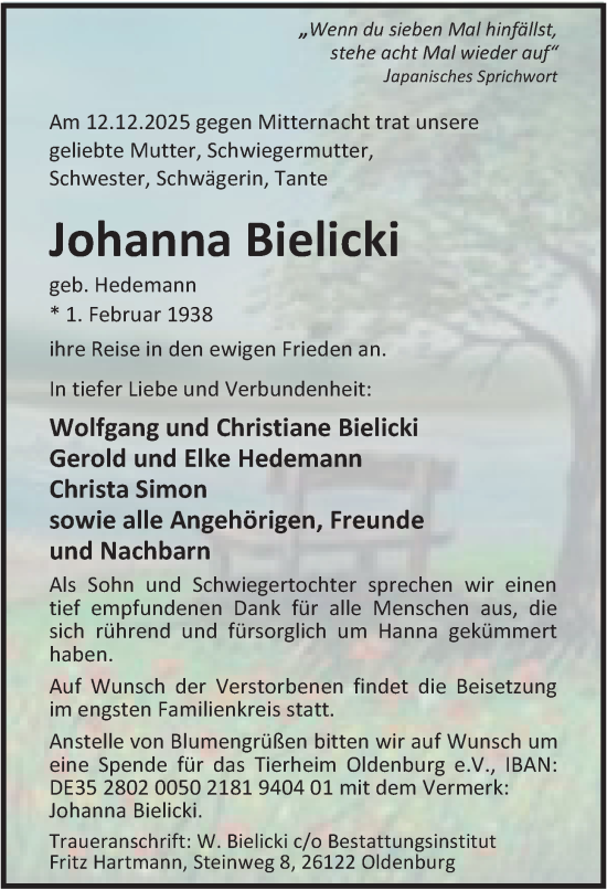 Traueranzeige von Johanna Bielicki von Nordwest-Zeitung