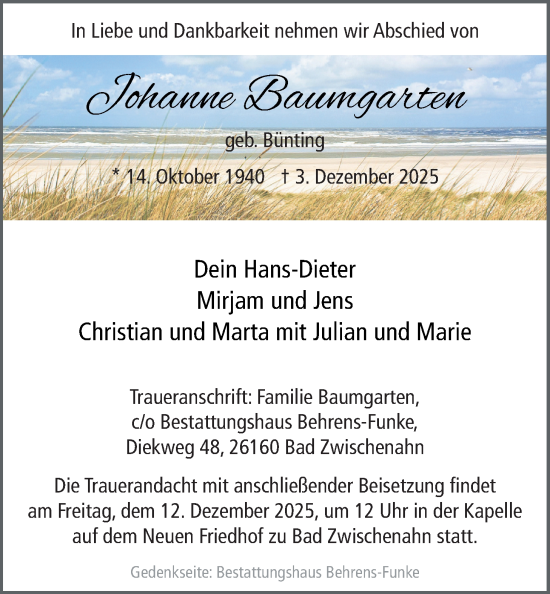 Traueranzeige von Johanne Baumgarten von Nordwest-Zeitung