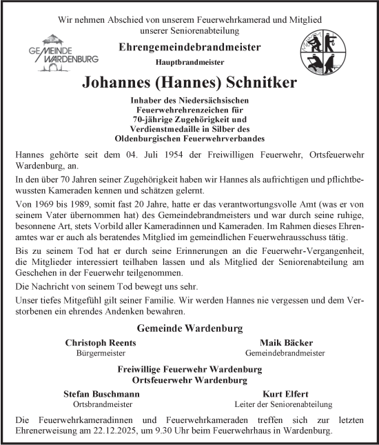 Traueranzeige von Johannes Schnitker von Nordwest-Zeitung