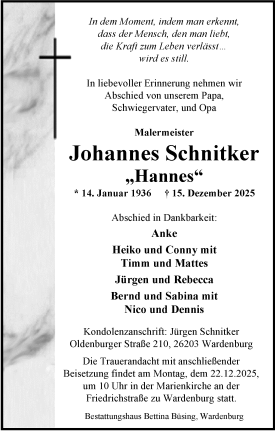 Traueranzeige von Johannes Schnitker von Nordwest-Zeitung