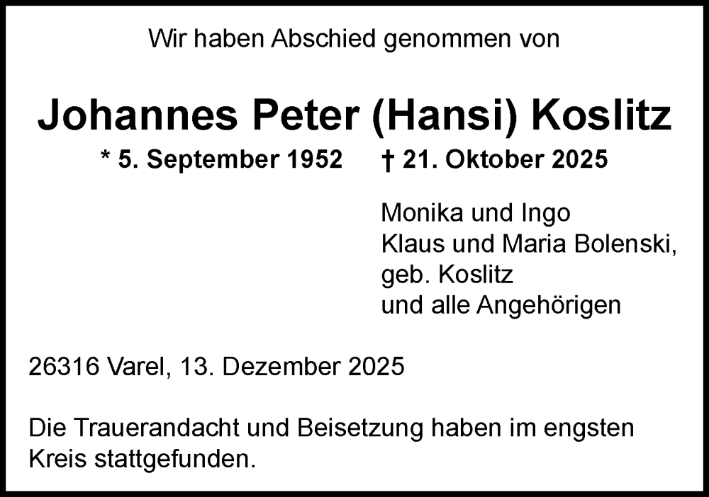  Traueranzeige für Johannes Peter Koslitz vom 13.12.2025 aus Nordwest-Zeitung
