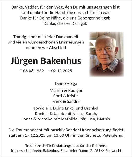 Traueranzeige von Jürgen Bakenhus von Nordwest-Zeitung