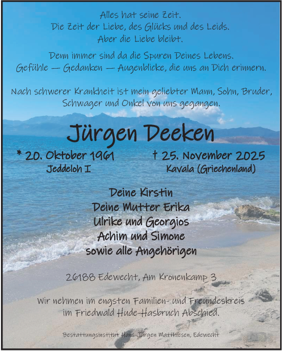 Traueranzeige von Jürgen Deeken von Nordwest-Zeitung