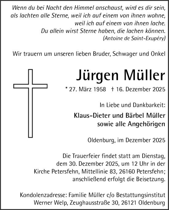 Traueranzeige von Jürgen Müller von Nordwest-Zeitung