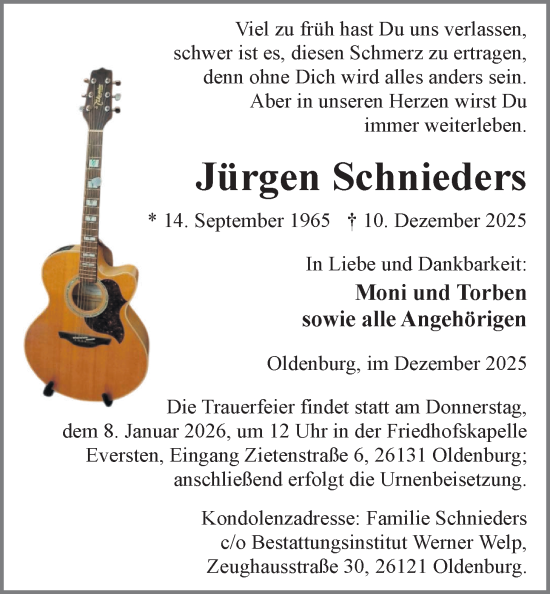 Traueranzeige von Jürgen Schnieders von Nordwest-Zeitung