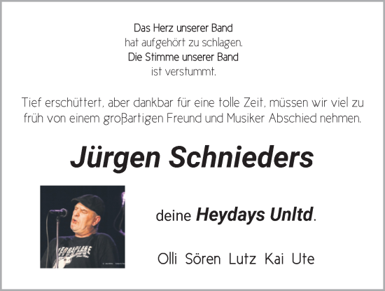 Traueranzeige von Jürgen Schnieders von Nordwest-Zeitung