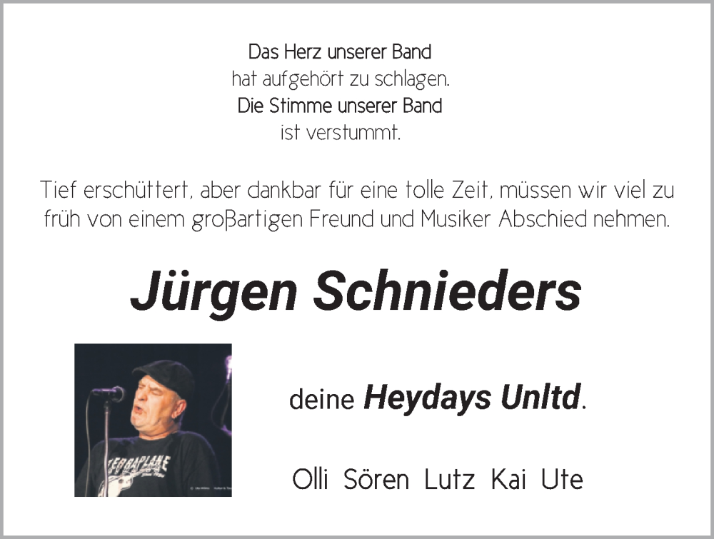  Traueranzeige für Jürgen Schnieders vom 20.12.2025 aus Nordwest-Zeitung